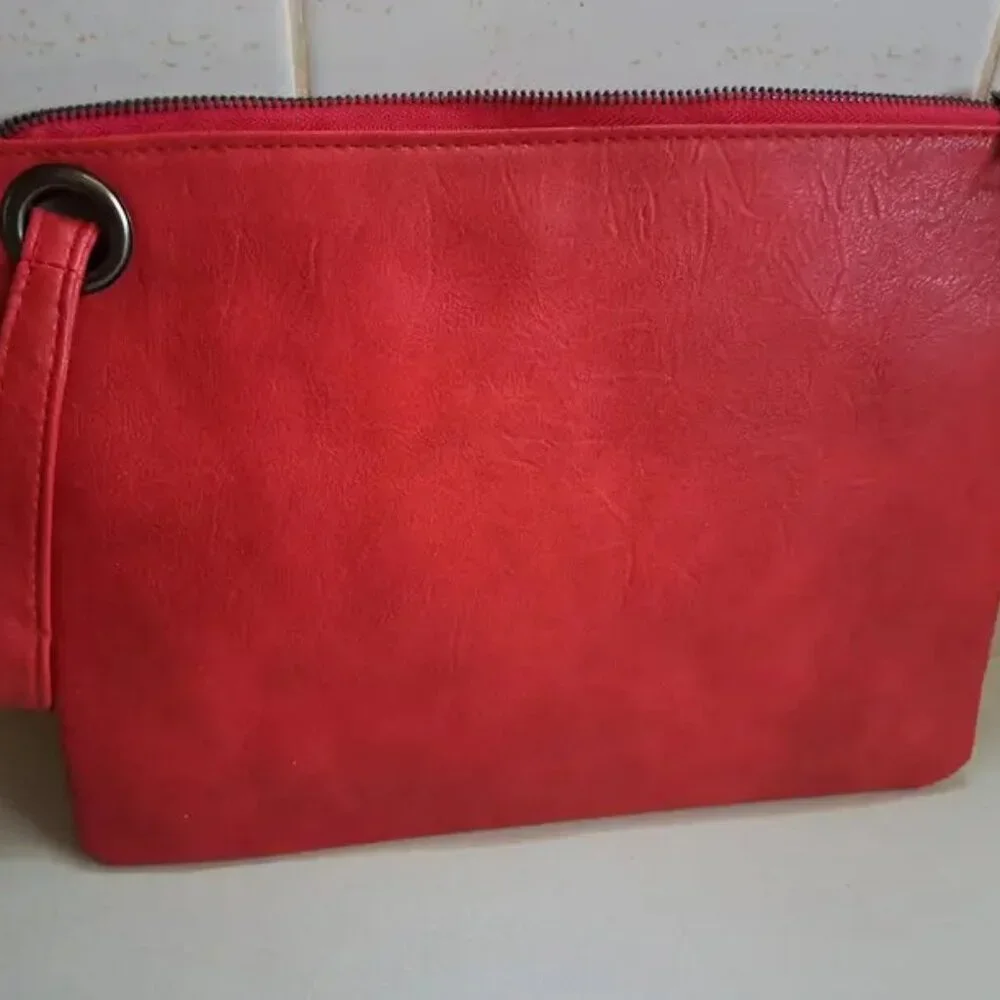 Large Envelope Clutch Bag Wristlet Chic & Elegant RED PU Leather - Picture 3 of 7